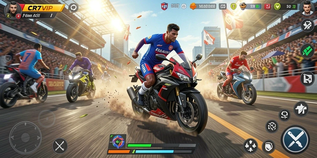 Tampilan gameplay mendebarkan dari CR7VIP saat balapan motor.