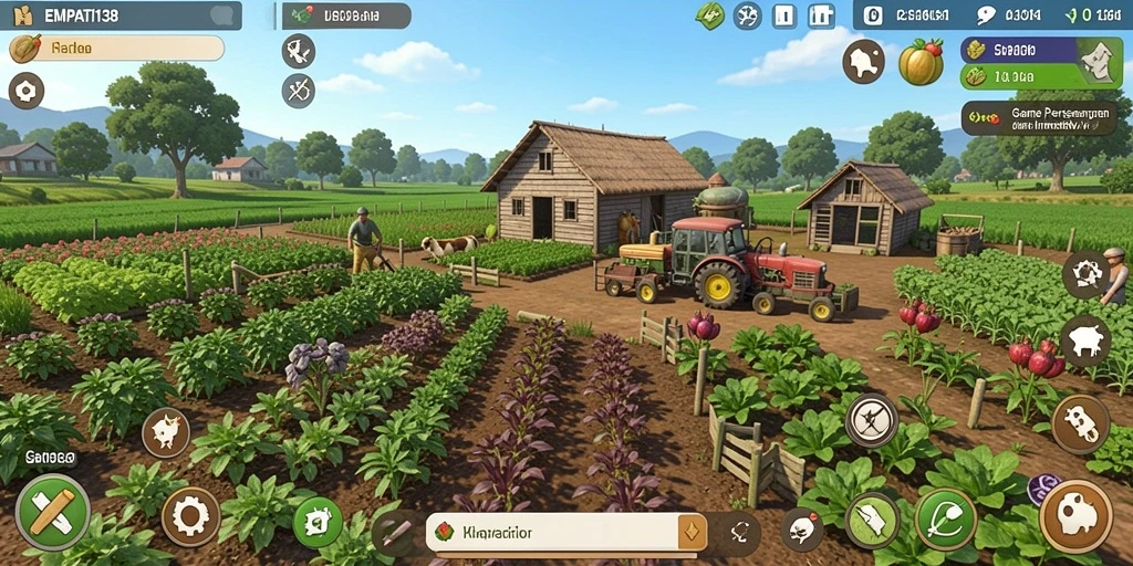 Tampilan gameplay <strong>EMPATI138</strong> yang menunjukkan kebun yang subur dan hewan ternak.