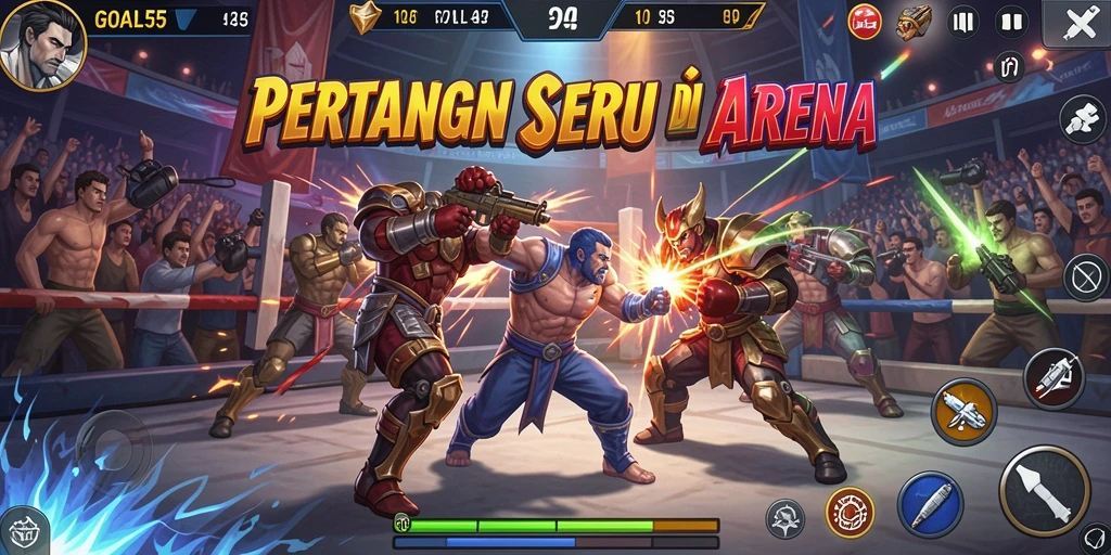 Screenshot utama GOAL55 menampilkan karakter bertarung dengan aksi dinamis dan grafis yang menawan.