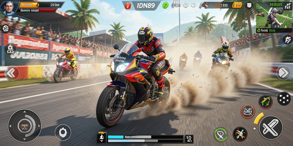Tampilan gameplay IDN89 dengan balapan motor yang seru dan penuh aksi.