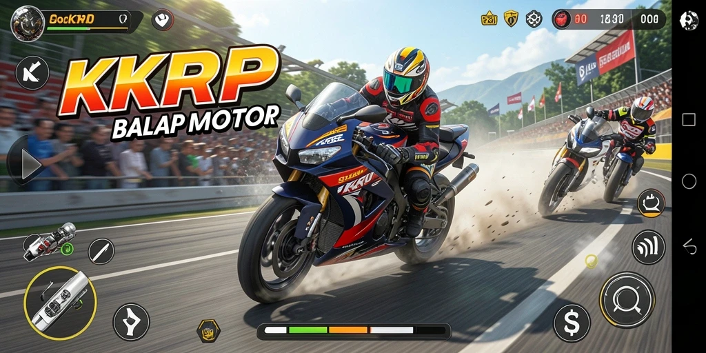 Gameplay KKRP yang seru dengan motor balap di lintasan.