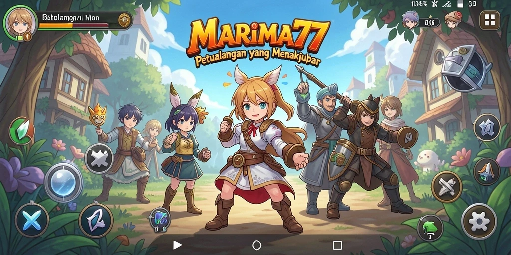 Screenshot MARIMA77 menampilkan karakter anime dalam aksi yang seru.