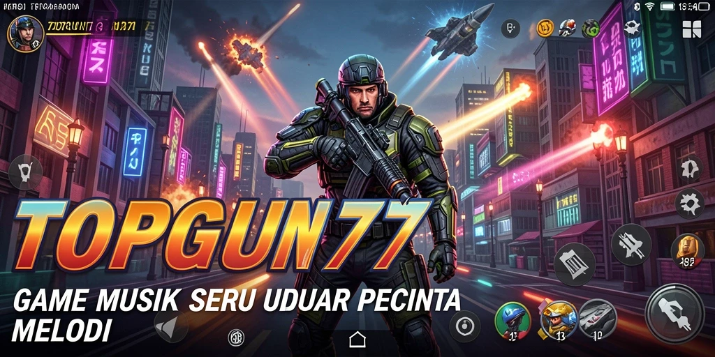 Menggambarkan gameplay seru dan interaktif TOPGUN77 dengan musik.